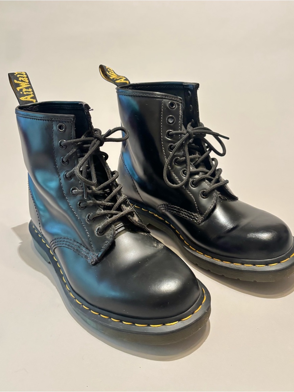 Dr. Martens Black Leather Lace-Up Combat Boots with Yellow Stitching